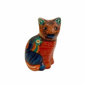 Painted Folk Art Terracotta Cat Figurine